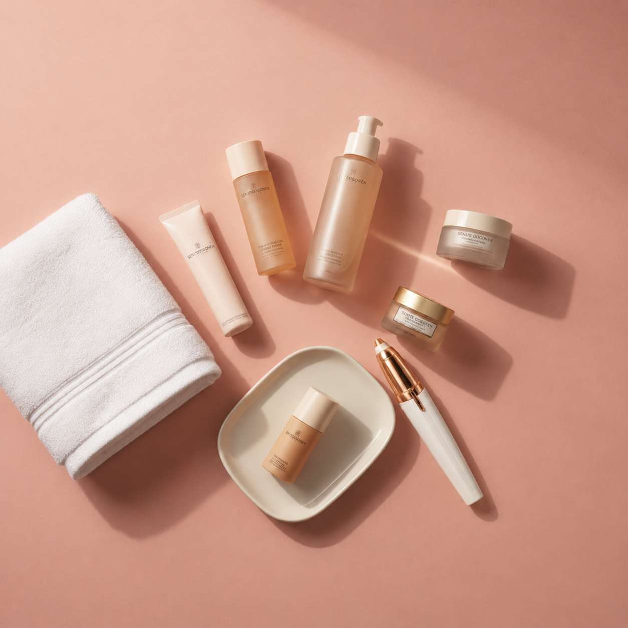 Bancada de banheiro com toalha branca e skincare